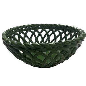 Place & Time Green Ceramic Lattice Woven Rope Fruit Bowl Decorative Centerpiece